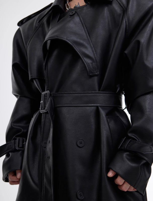 Deconstructing Split Padded Shoulder Profile PU Leather Coat Radical Form