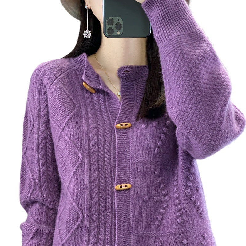 Pure Wool Cardigan Women Loose Crew Neck Coat