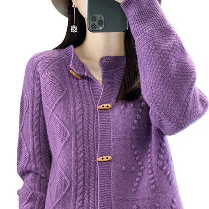 Pure Wool Cardigan Women Loose Crew Neck Coat