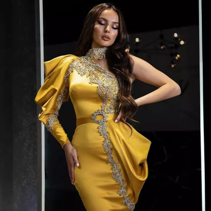 Women's Fashionable Slim-fit Gold Turtleneck Dress