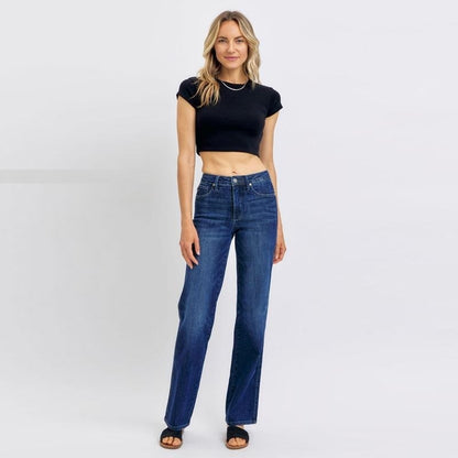 Mid-waist Dark Color Water Scrubbing Belly-contracting Straight Jeans