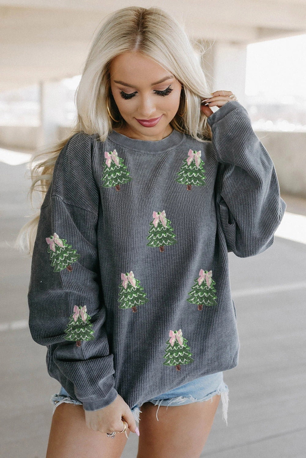Round Neck Sequins Christmas Tree Rib Sweater For Women