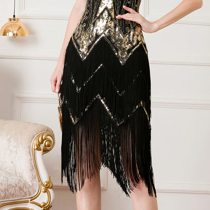 V-neck Sequins Beaded Double-layered Tassel Dress