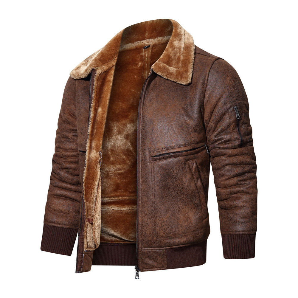 Autumn Winter New Leather Fur Mens Jacket Casual Multi-Pocket Lapel Short Velvet Luxe Utility