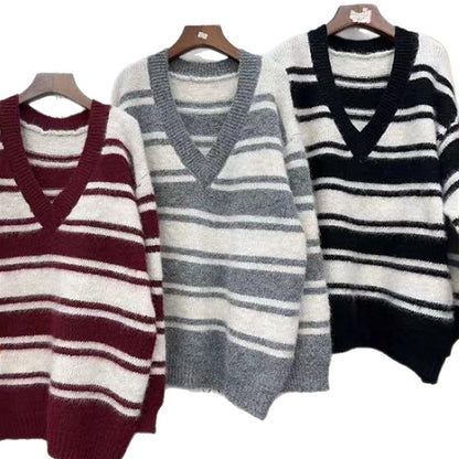 Korean Style Retro V-neck Striped Loose Sweater