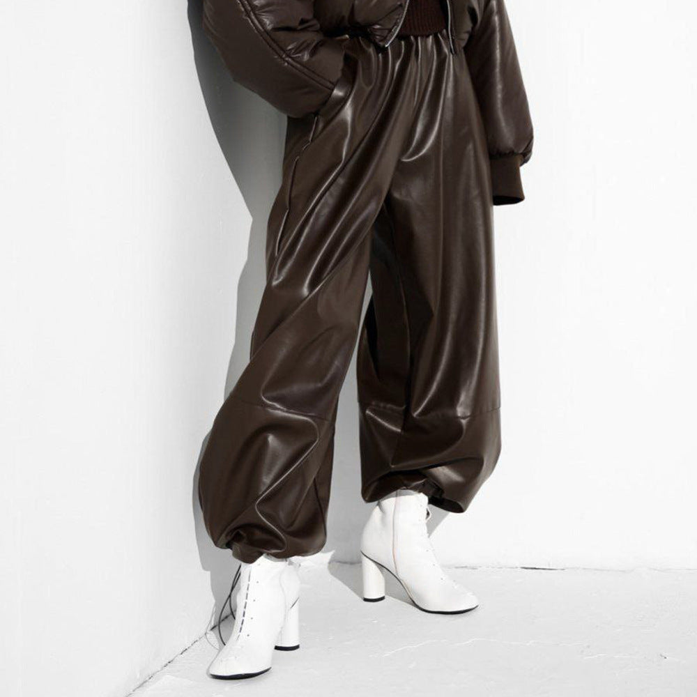 Drawstring Ankle-tied Bloomers Loose Leather Pants PU Leather Trousers