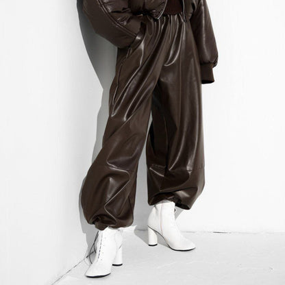 Drawstring Ankle-tied Bloomers Loose Leather Pants PU Leather Trousers