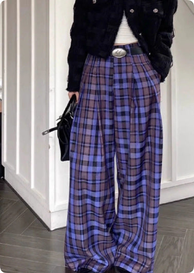 Hong Kong Style Retro Trendy Purple Plaid Casual Pants