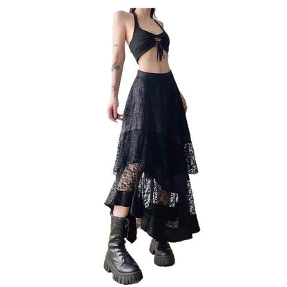 Dark Style Hot Girl Lace Stitching Skirt Irregular