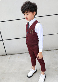 Wine Red Plaid Vest Suit Shirt