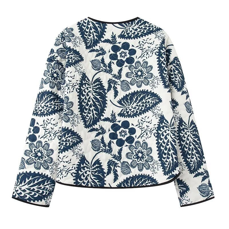 Printed Round Neck Cotton-padded Jacket Long Sleeve Short Jacket