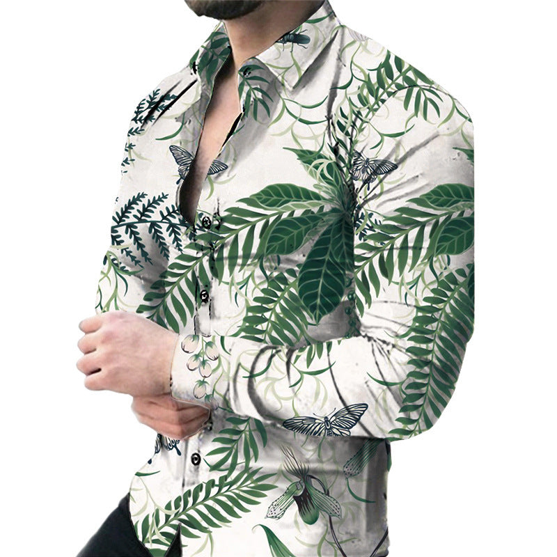 Bold Large Floral Print Casual Long Sleeve Shirt