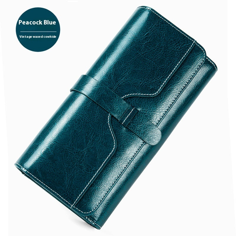 Pure Leather Tri Fold Women's Wallet Long Buckle Genuine Leather
