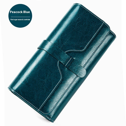 Pure Leather Tri Fold Women's Wallet Long Buckle Genuine Leather