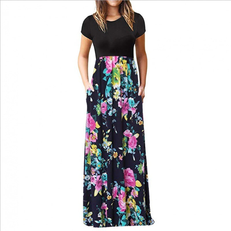 Ladies Short Sleeve Printed Dress Long Skirt