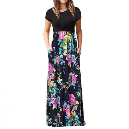 Ladies Short Sleeve Printed Dress Long Skirt