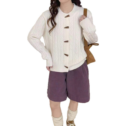 Thickened Lazy Western Style Horn Button Red Cable-knit Sweater