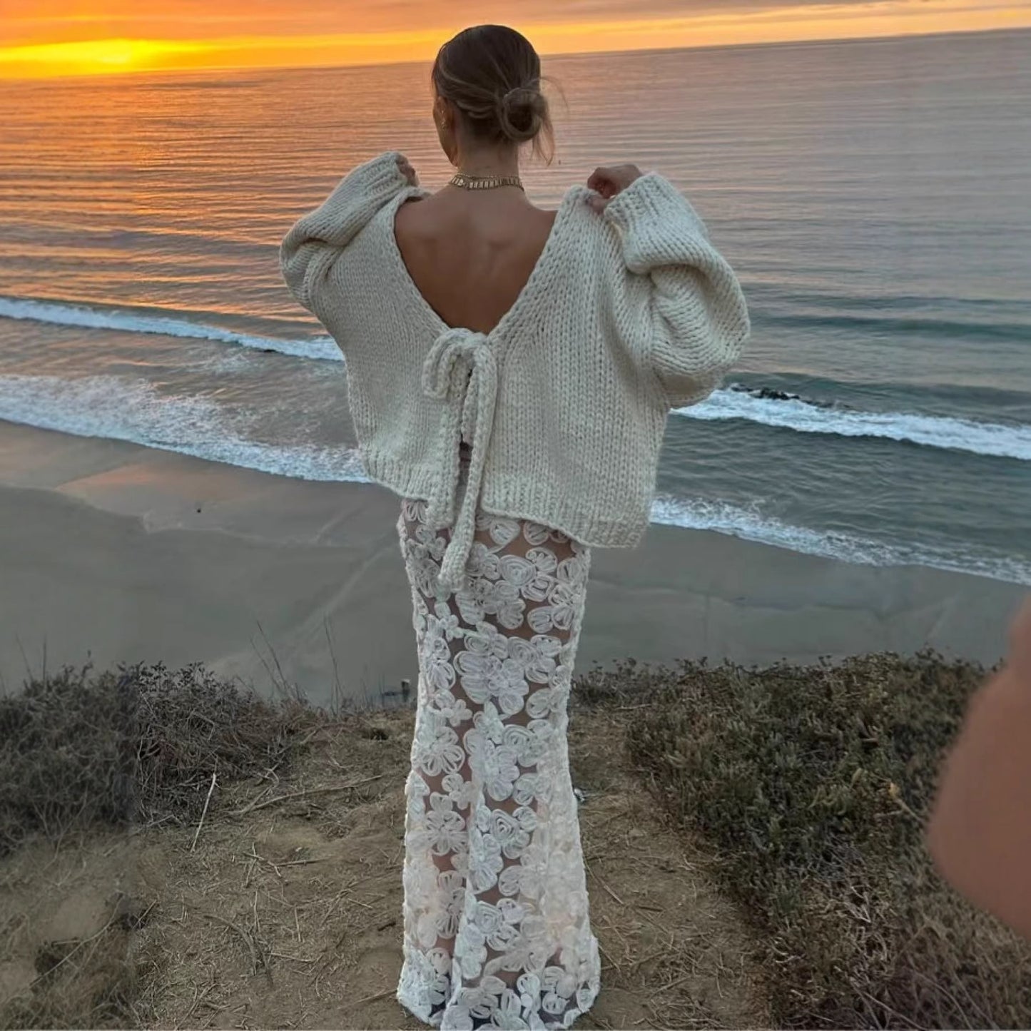 Backless Lace Up Long Sleeve Loose Sweater