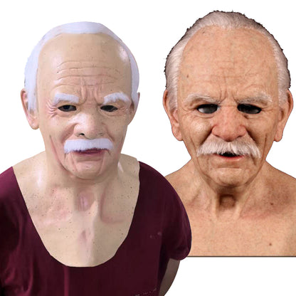 Realistic Old Man Halloween Mask | White Hair & Beard Full-Head Costume Headpiece
