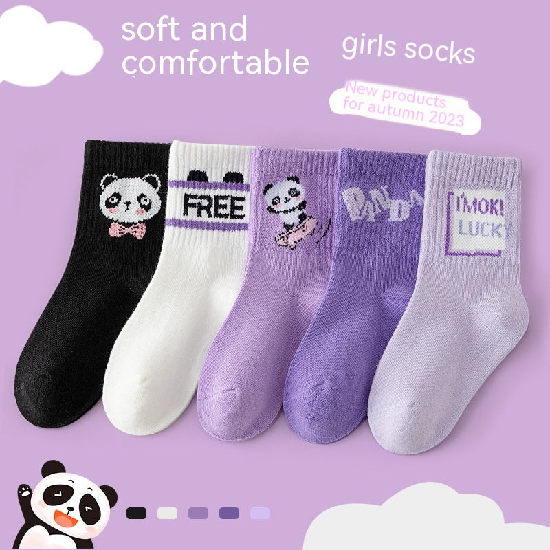 The Panda Athletic: Purple Panda Cartoon Mid-Tube Athletic Socks