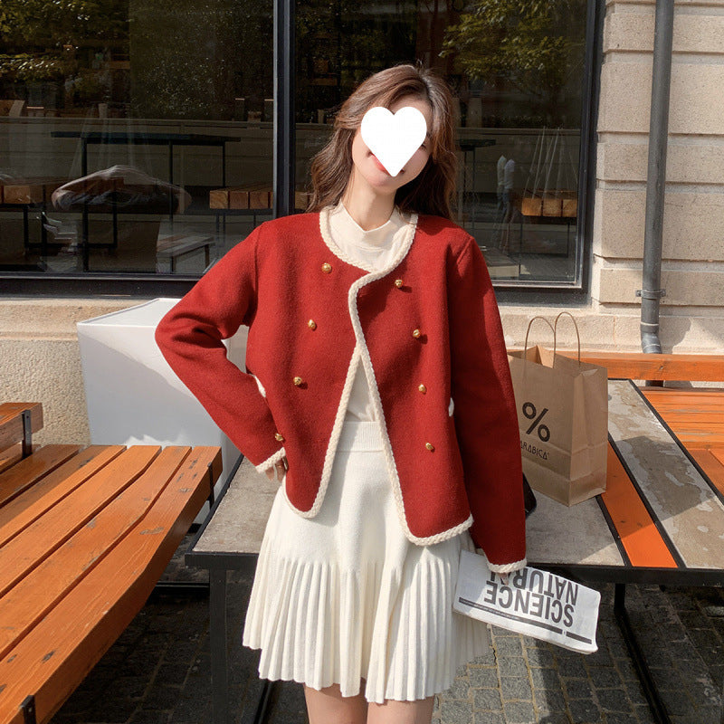 Red Classic Style Double-sided Knitted Coat For Women