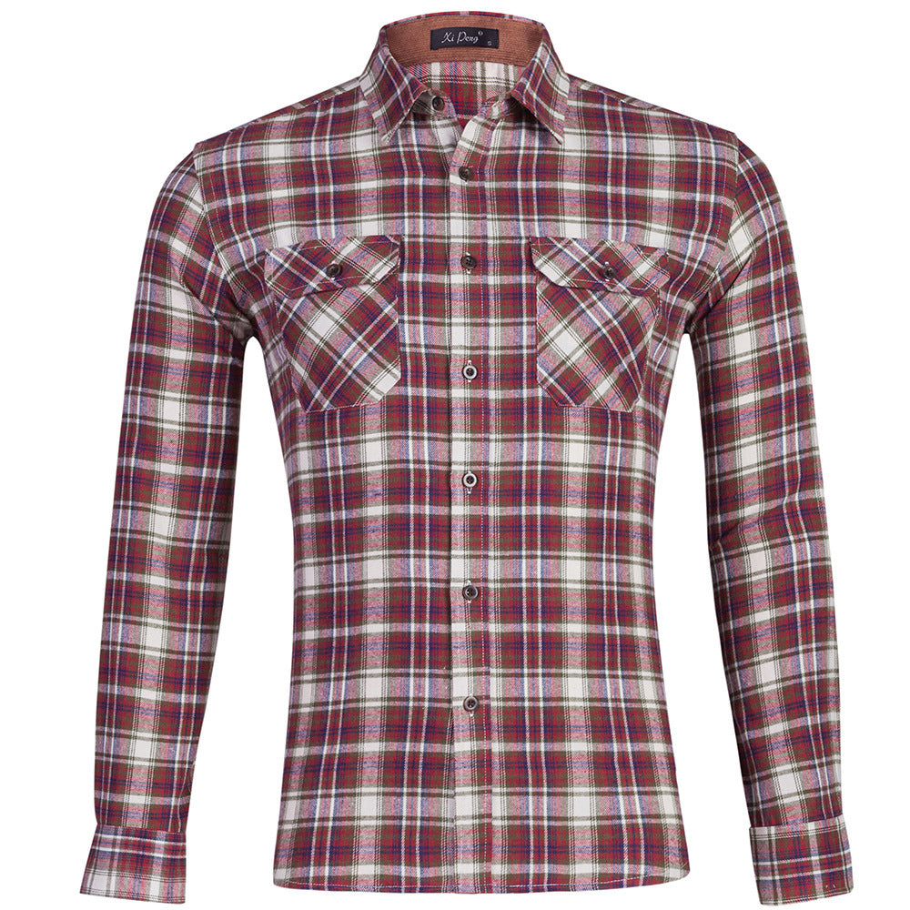 Cotton plaid double bag long sleeve shirt men