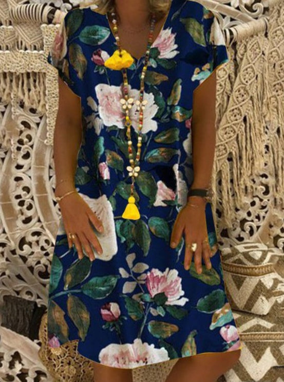 Ladies fashion printed V-neck short sleeve dress