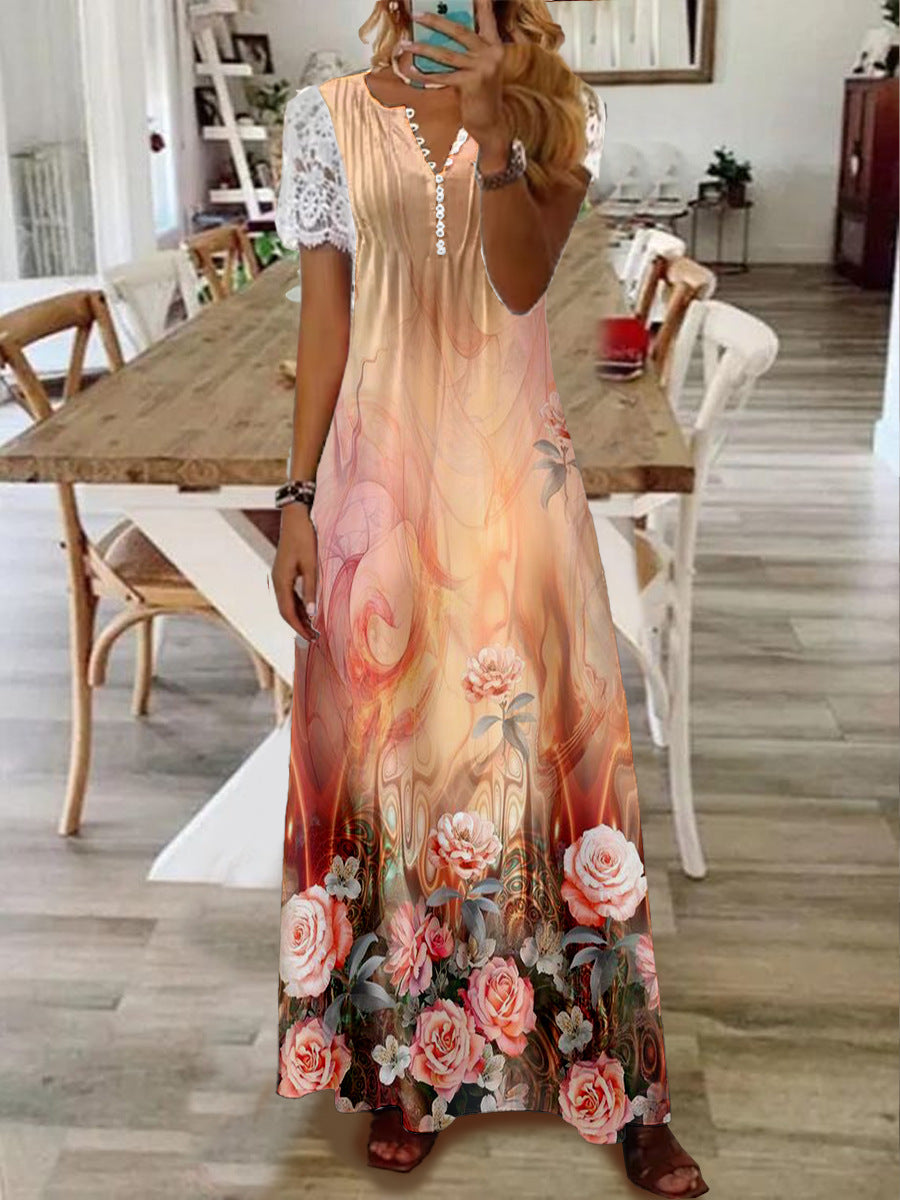 Printed Lace Sleeve Short Sleeve Dress