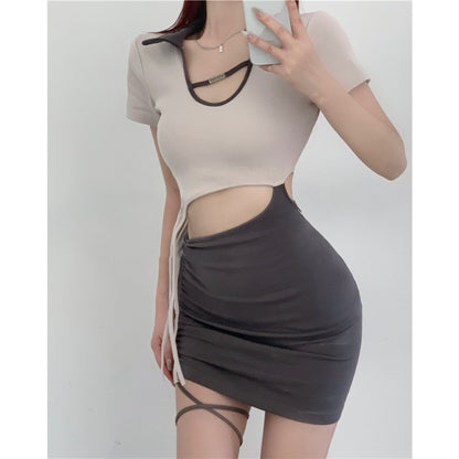 Ladies Short Sleeve Irregular Tie Cutout Dress