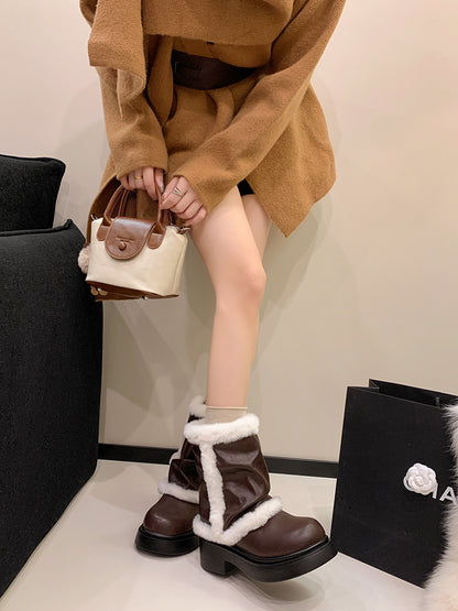 Women's Winter Faux Fur Lined Short Boots, Fashion Thick Bottom Ankle Booties With Warm Plush Trim For Casual Daily Wear