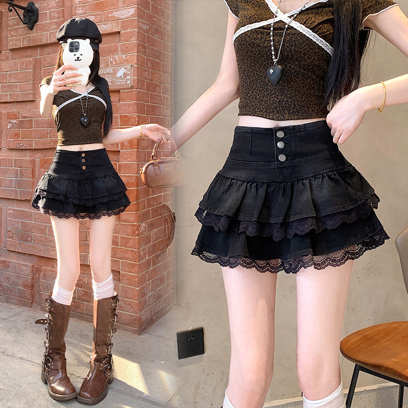 Pure Hot Girl Style Double-layer Lace Ruffled Denim Skirt Women