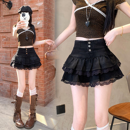 Pure Hot Girl Style Double-layer Lace Ruffled Denim Skirt Women