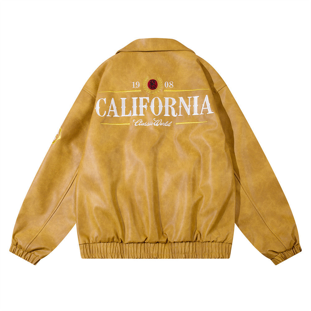 Mens American Embroidery Letters Motorcycle PU Leather Jacket Iconic Americana