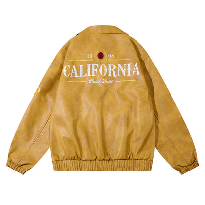 Mens American Embroidery Letters Motorcycle PU Leather Jacket Iconic Americana