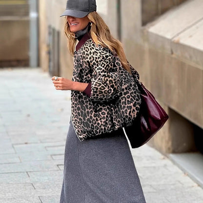 Women's Elegant Reversible Zipper Jacket Leopard Print And Wine Red Casual Coat