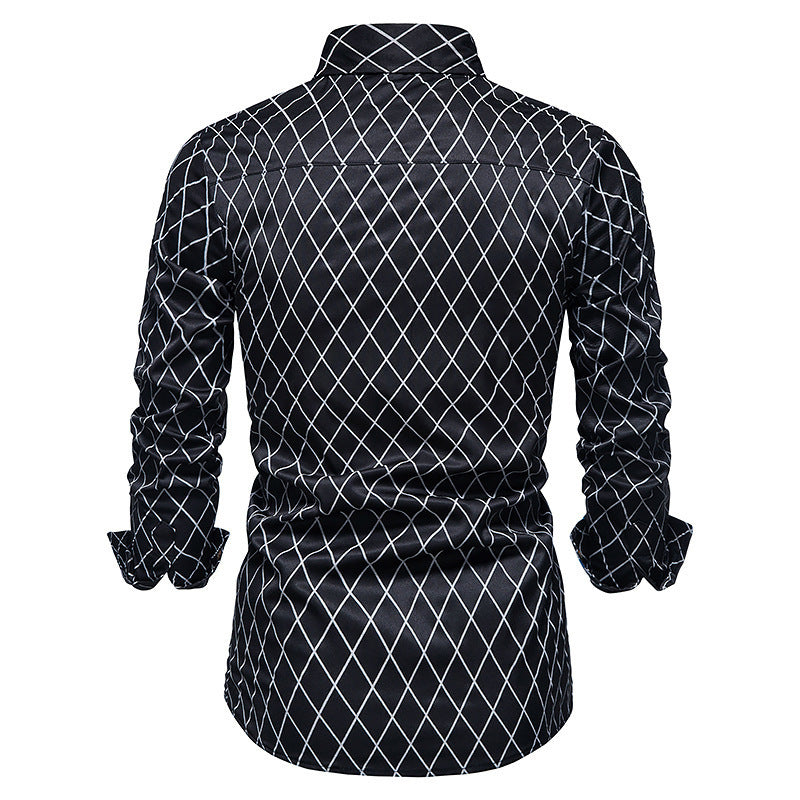Diamond Check Contrast Color Long Sleeve Fashion Shirt