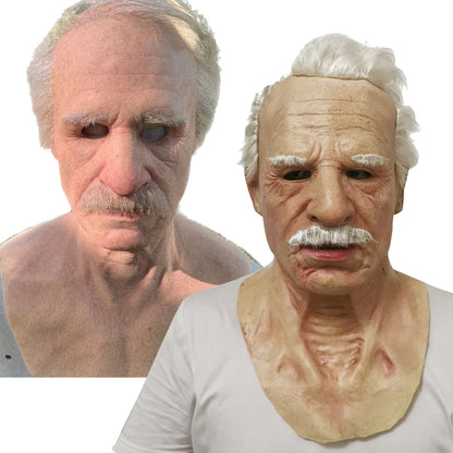 Realistic Old Man Halloween Mask | White Hair & Beard Full-Head Costume Headpiece