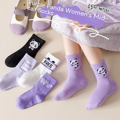The Panda Athletic: Purple Panda Cartoon Mid-Tube Athletic Socks