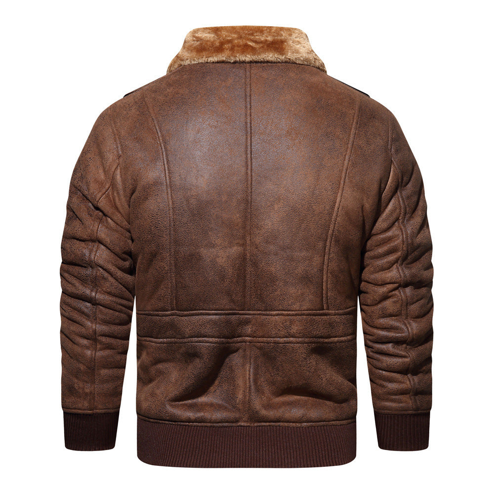 Autumn Winter New Leather Fur Mens Jacket Casual Multi-Pocket Lapel Short Velvet Luxe Utility