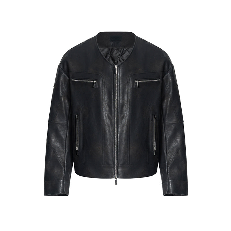 Niche V-Neck Zipper Design Leather Coat for Men Exclusive Edge