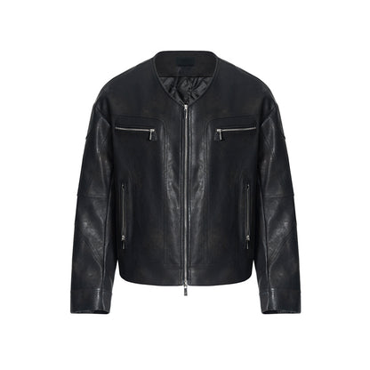 Niche V-Neck Zipper Design Leather Coat for Men Exclusive Edge