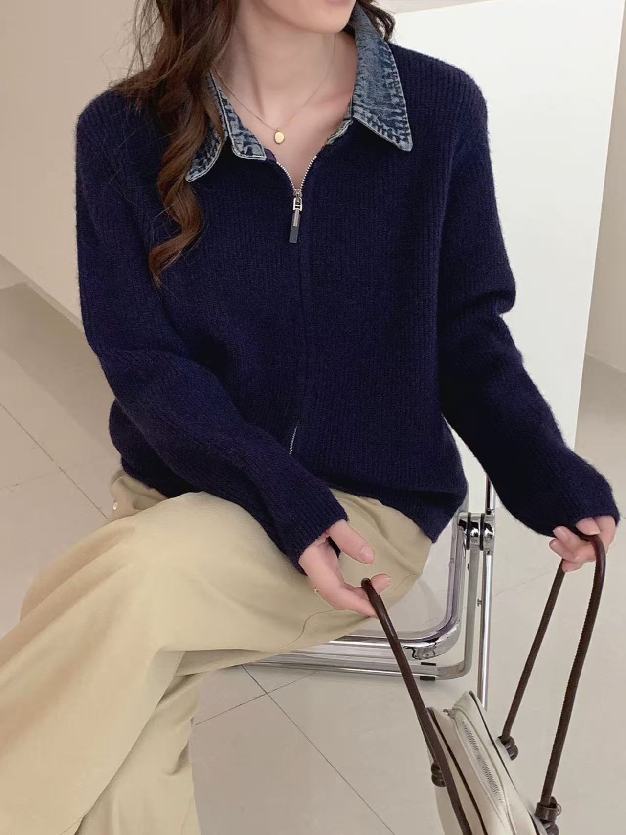 False Two-piece High Quality Denim Patchwork Knitted Sweater