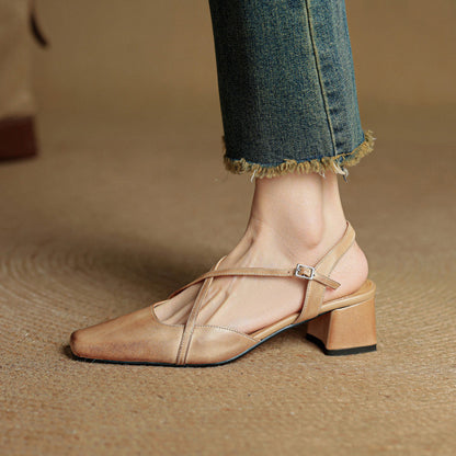 Women's Tendon Soft Bottom Mid Heel Sandals Closed Toe Casual