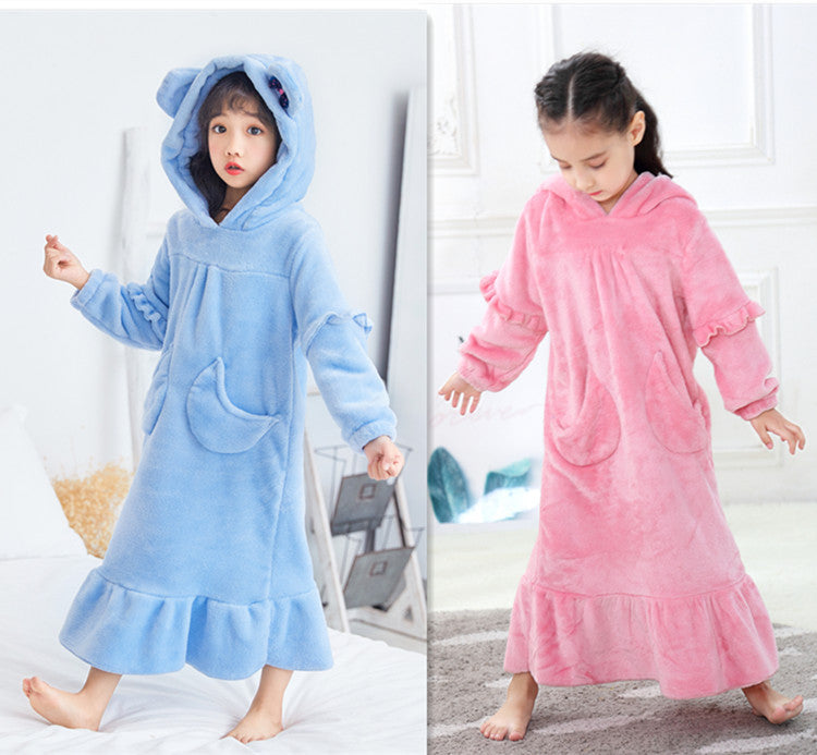 The Moon Pocket: Warm Coral Fleece Hooded Nightdress