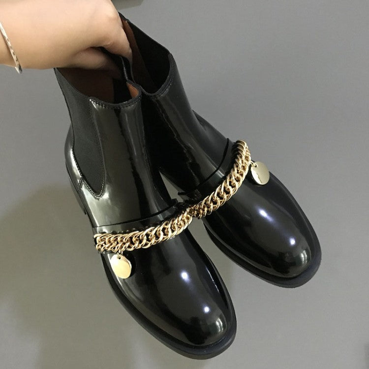 Round toe personality metal chain flat mid-heel women's boots