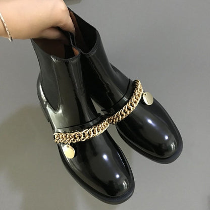 Round toe personality metal chain flat mid-heel women's boots