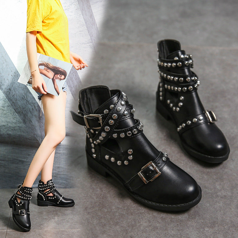 Chunky Heel Rivet Belt Buckle Short Boots