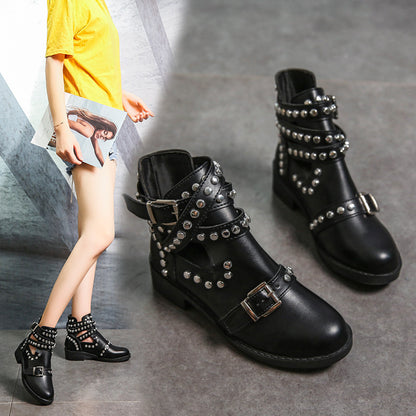 Chunky Heel Rivet Belt Buckle Short Boots