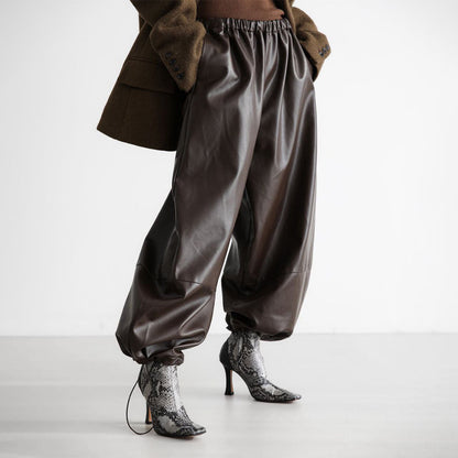 Drawstring Ankle-tied Bloomers Loose Leather Pants PU Leather Trousers
