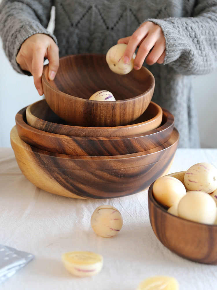 Handcrafted Natural Wooden Salad & Fruit Bowl | Rustic Home & Restaurant Food Serving Bowl